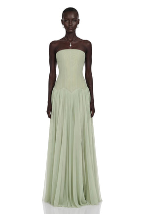 Salome Green Off Shoulder Pleated Maxi Dress