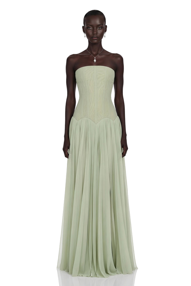 Salome Green Off Shoulder Pleated Maxi Dress