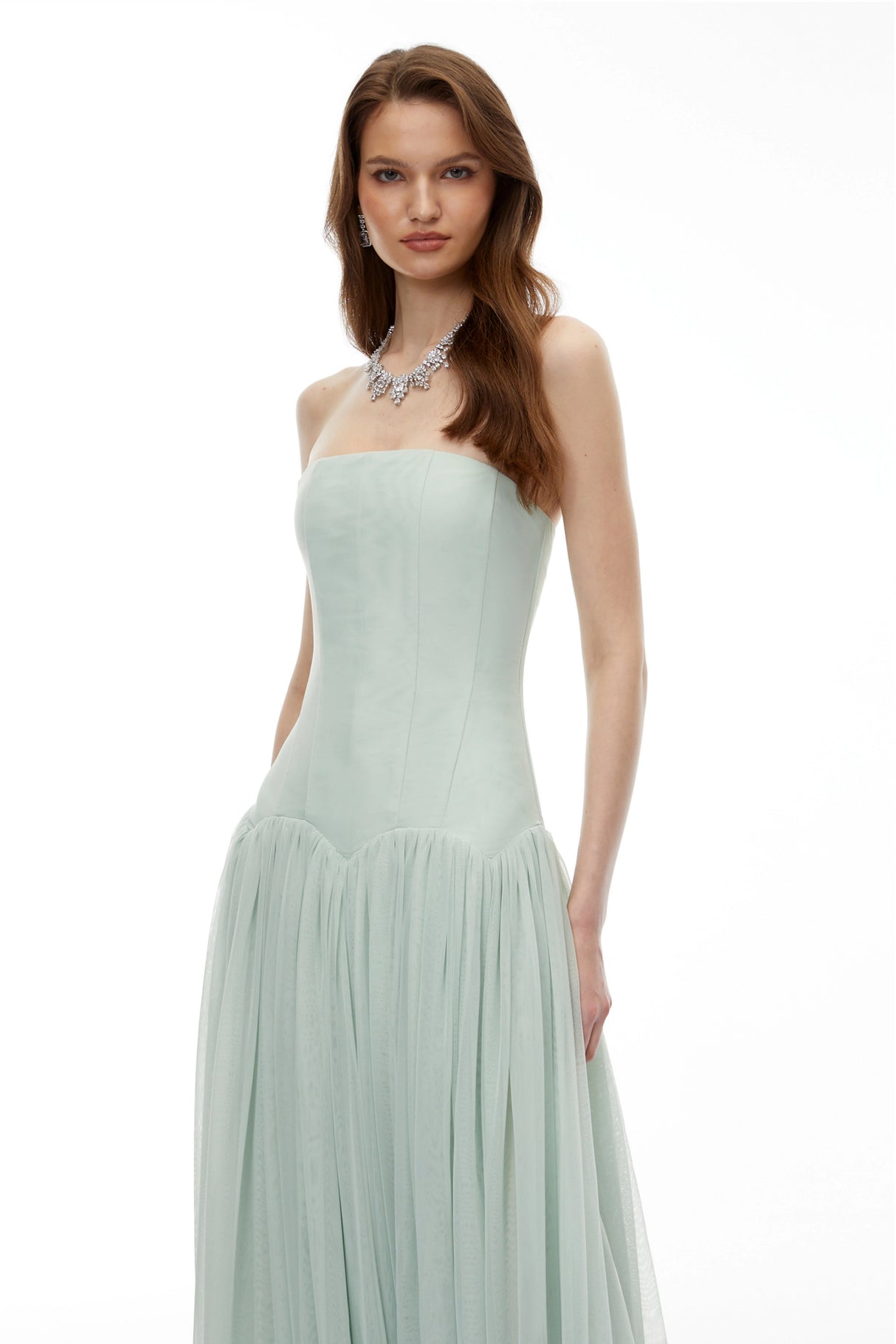 Salome Green Off Shoulder Pleated Maxi Dress