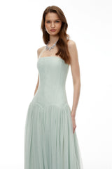 Salome Green Off Shoulder Pleated Maxi Dress