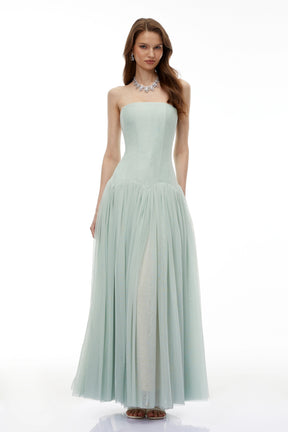 Salome Green Off Shoulder Pleated Maxi Dress