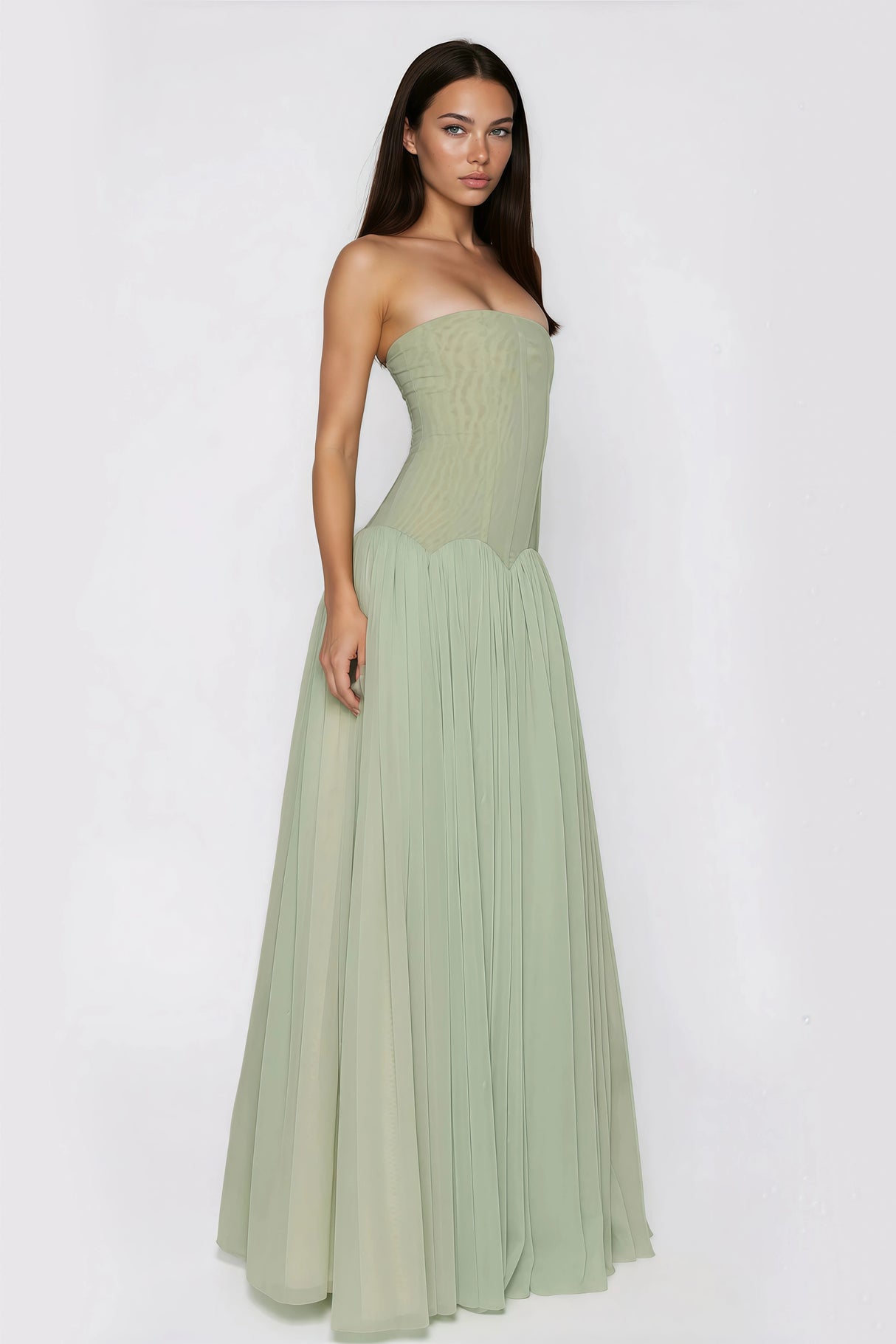 Salome Green Off Shoulder Pleated Maxi Dress