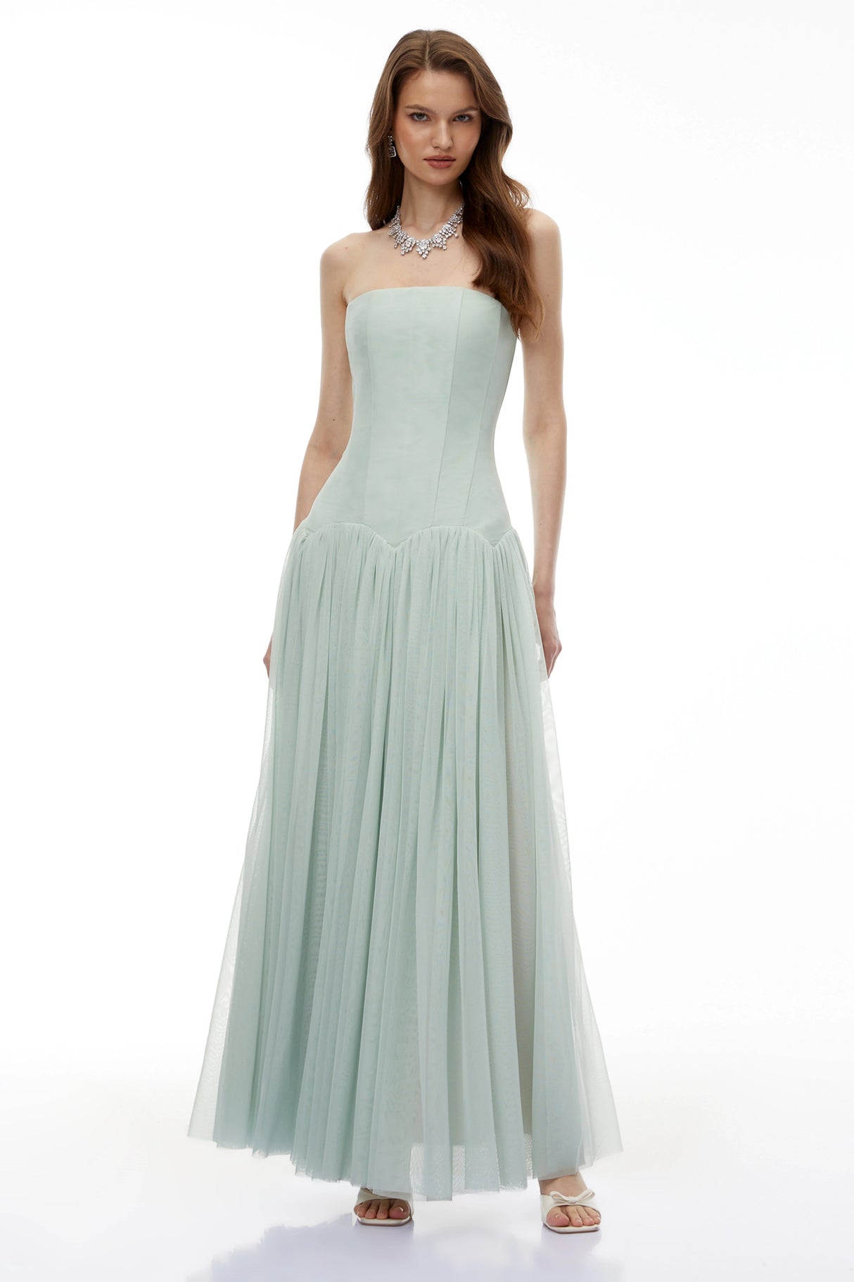 Salome Green Off Shoulder Pleated Maxi Dress