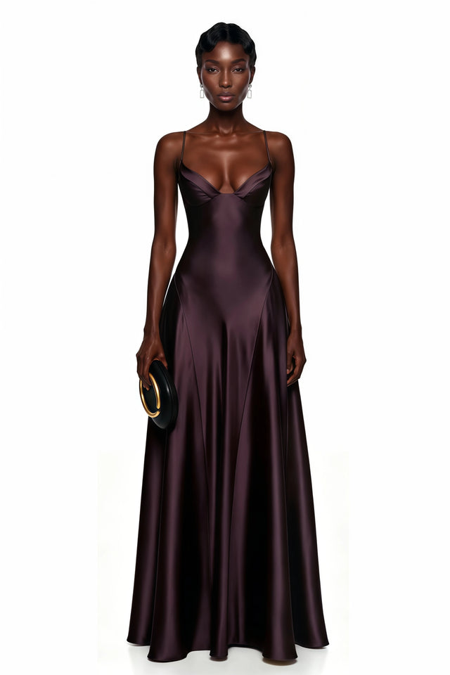 Salomé Purple VNeck Flared Satin Maxi Dress