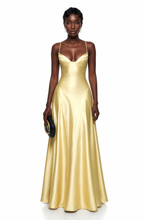 Salomé Yellow VNeck Flared Satin Maxi Dress