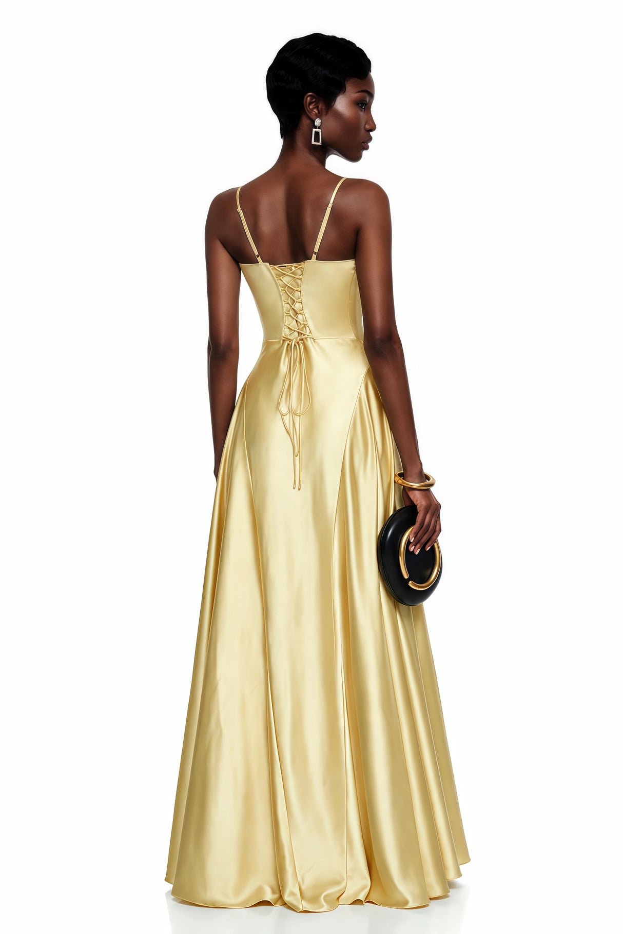Salomé Yellow VNeck Flared Satin Maxi Dress