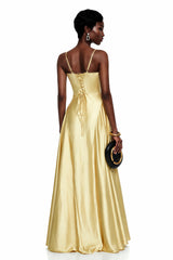 Salomé Yellow VNeck Flared Satin Maxi Dress