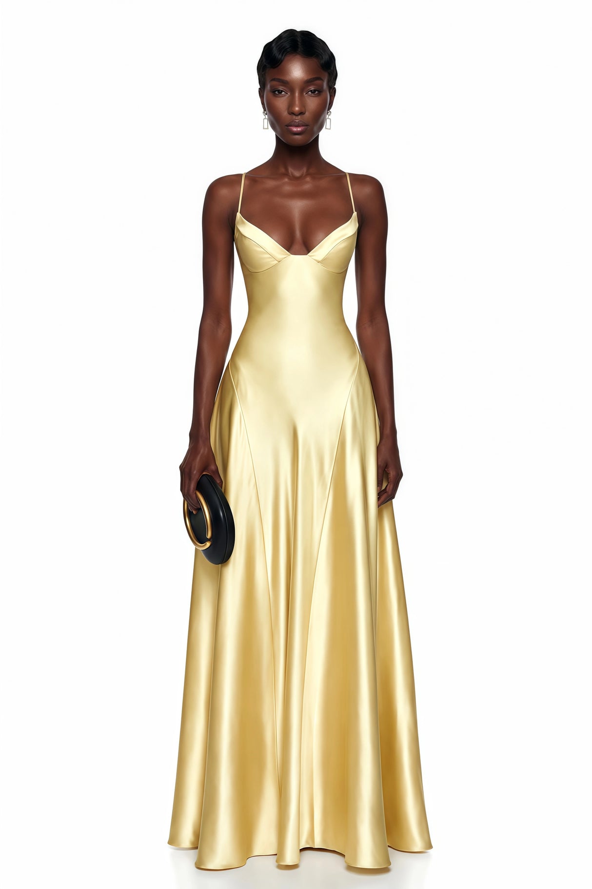 Salomé Yellow VNeck Flared Satin Maxi Dress