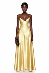 Salomé Yellow VNeck Flared Satin Maxi Dress