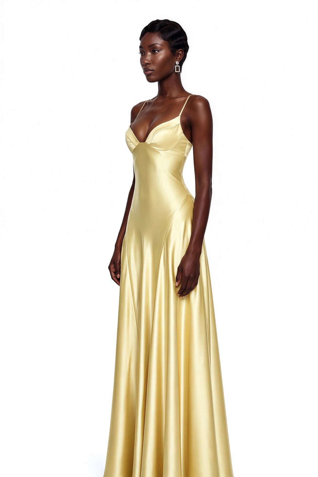 Salomé Yellow VNeck Flared Satin Maxi Dress