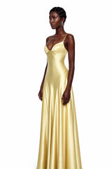 Salomé Yellow VNeck Flared Satin Maxi Dress