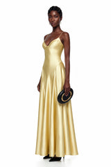 Salomé Yellow VNeck Flared Satin Maxi Dress