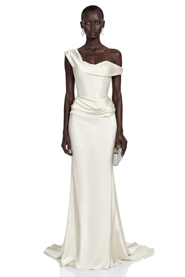 Salote White Off Shoulder Ruched Maxi Dress
