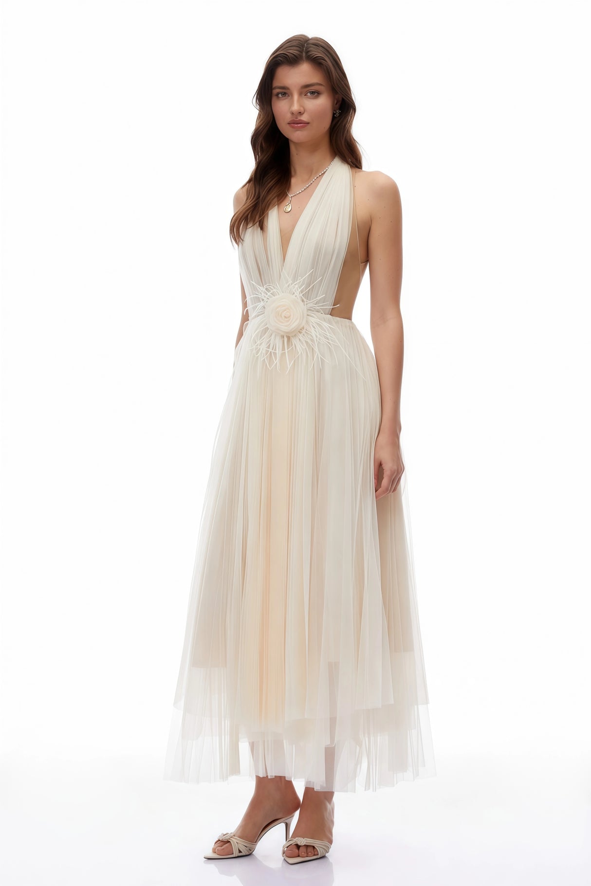 Samantha Neutral Halterneck SemiSheer Maxi Dress