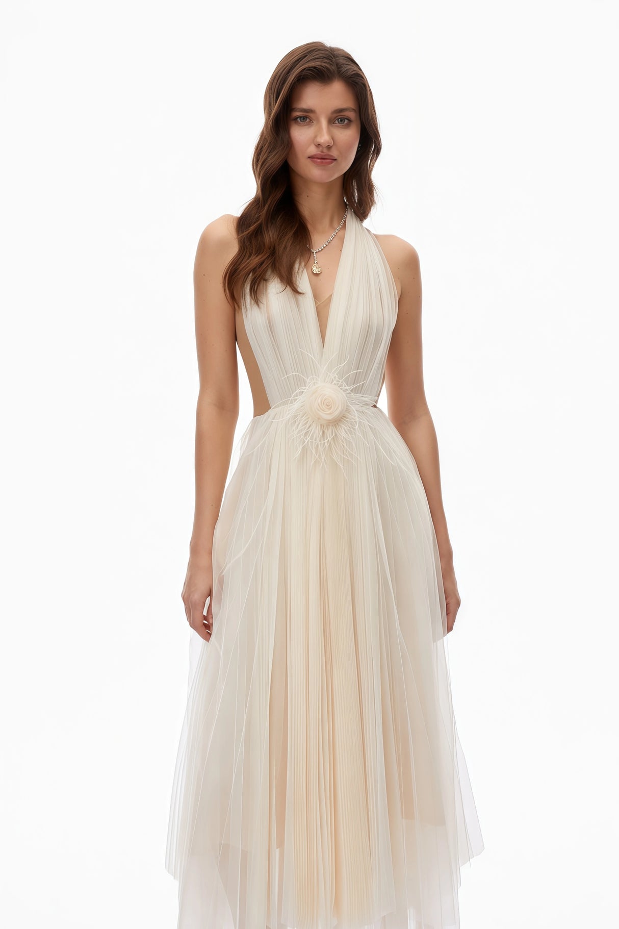 Samantha Neutral Halterneck SemiSheer Maxi Dress