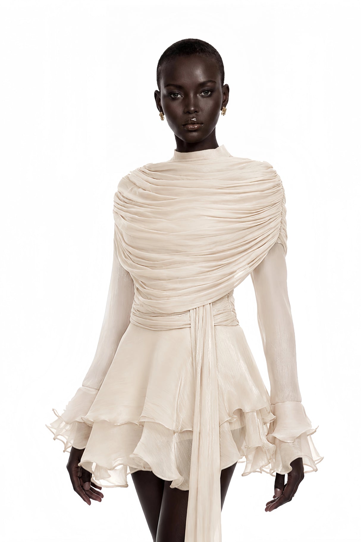 Samira Cream Ruffled Ruched Mini Dress with Ribbon