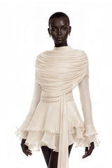 Samira Cream Ruffled Ruched Mini Dress with Ribbon
