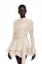 Samira Cream Ruffled Ruched Mini Dress with Ribbon