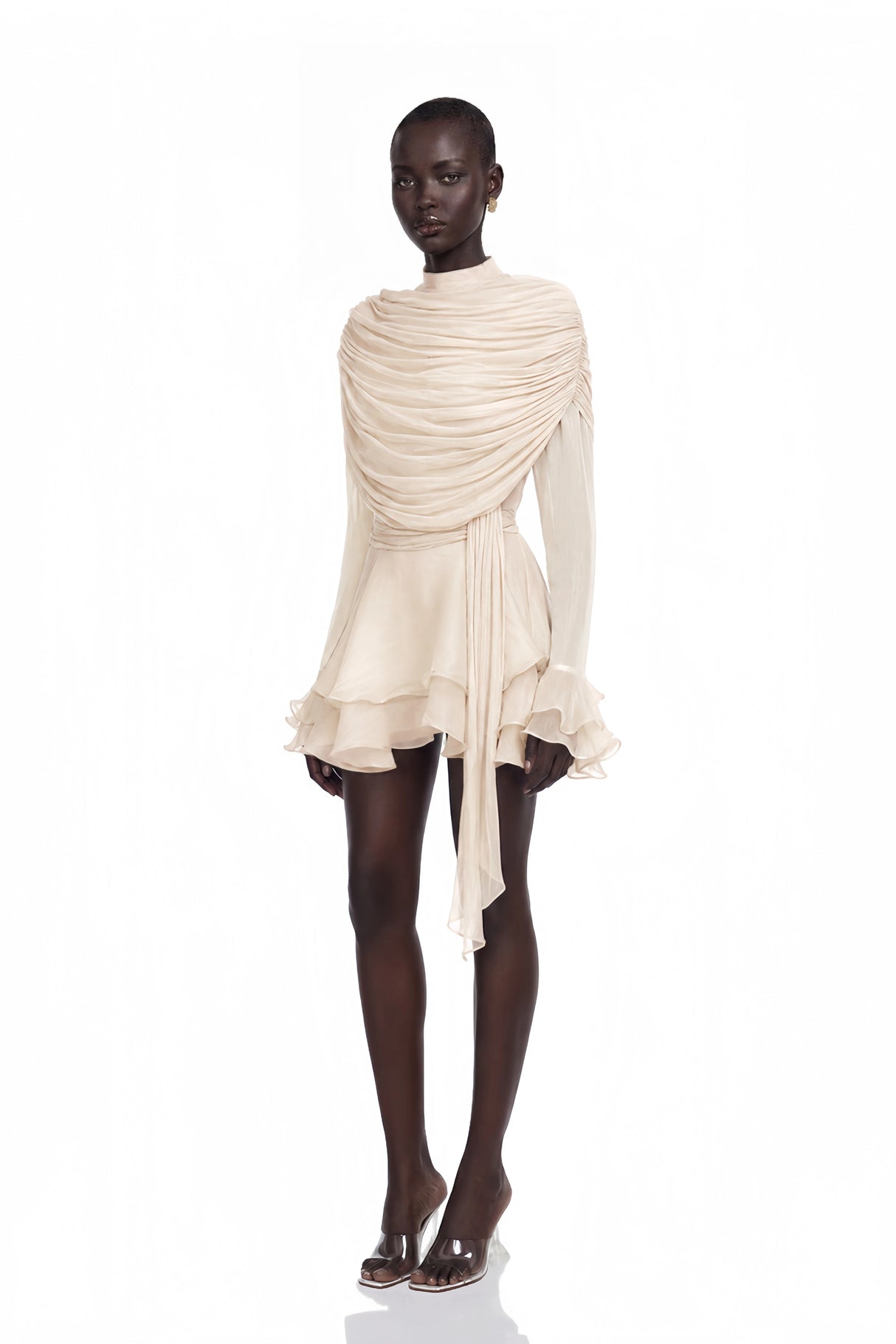 Samira Cream Ruffled Ruched Mini Dress with Ribbon