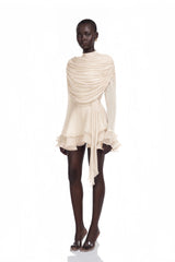 Samira Cream Ruffled Ruched Mini Dress with Ribbon