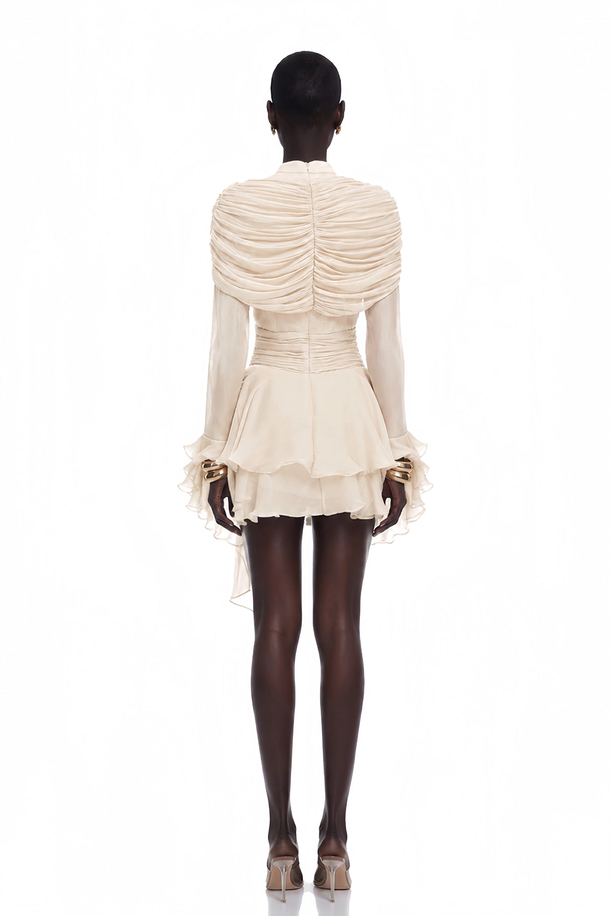 Samira Cream Ruffled Ruched Mini Dress with Ribbon