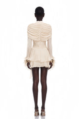 Samira Cream Ruffled Ruched Mini Dress with Ribbon