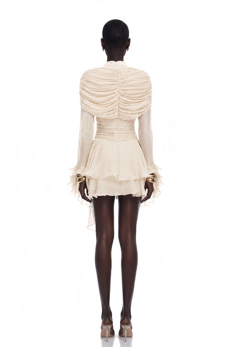 Augusta Mini Dress Cream Ruffled Ruched with Ribbon