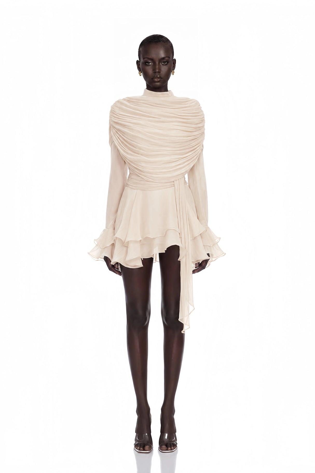 Samira Cream Ruffled Ruched Mini Dress with Ribbon