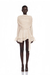 Samira Cream Ruffled Ruched Mini Dress with Ribbon