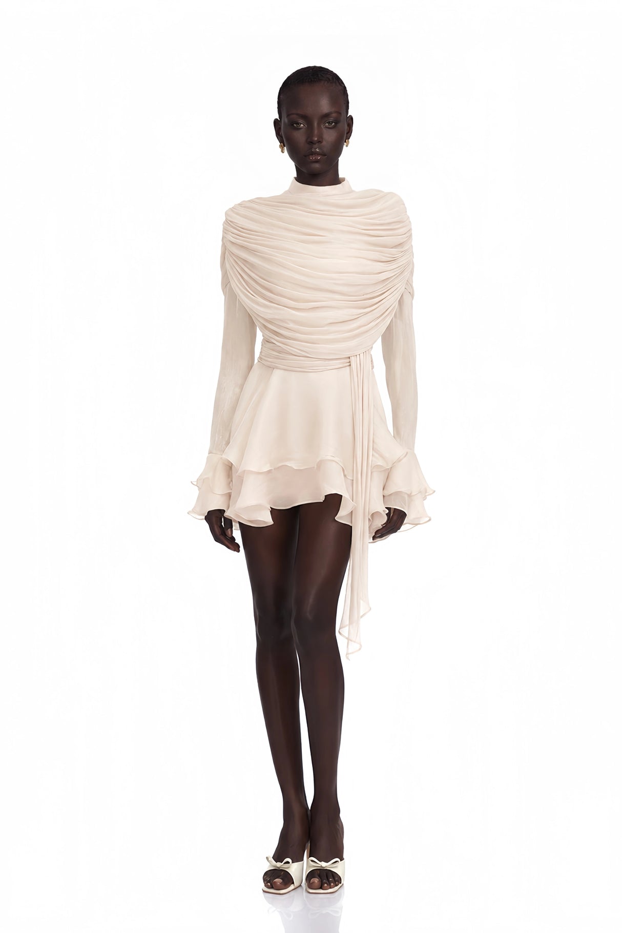 Samira Cream Ruffled Ruched Mini Dress with Ribbon