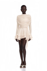 Samira Cream Ruffled Ruched Mini Dress with Ribbon
