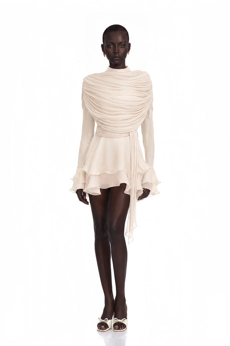 Augusta Mini Dress Cream Ruffled Ruched with Ribbon