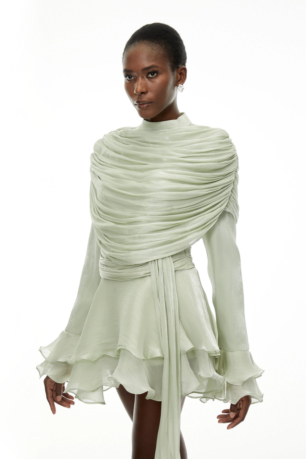 Samira Sage Green Ruffled Ruched Mini Dress with Ribbon