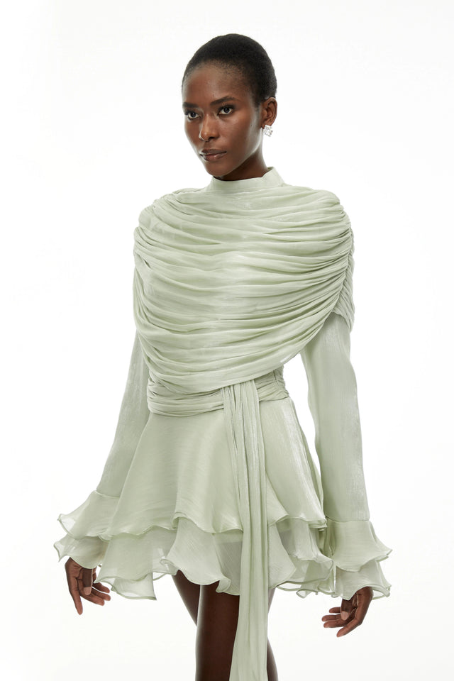 Samira Sage Green Ruffled Ruched Mini Dress with Ribbon