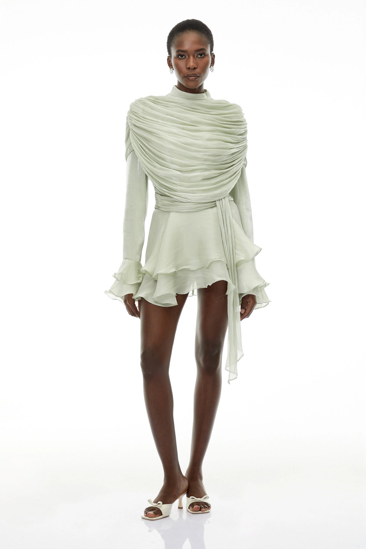 Samira Sage Green Ruffled Ruched Mini Dress with Ribbon