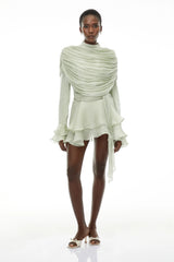 Samira Sage Green Ruffled Ruched Mini Dress with Ribbon