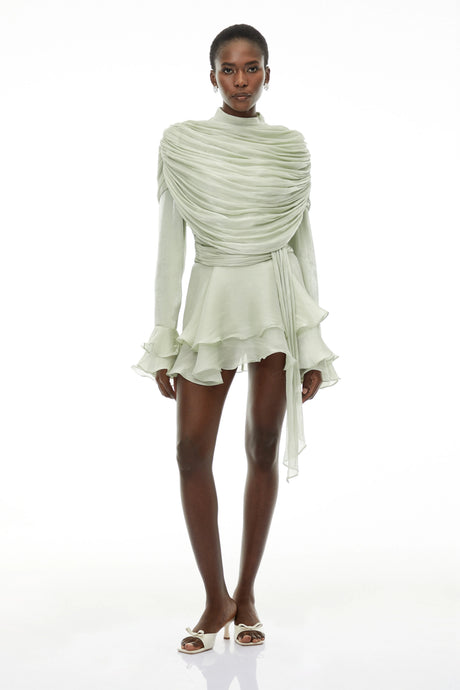 Ornella Mini Dress Sage Green Ruffled Ruched with Ribbon