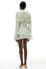 Samira Sage Green Ruffled Ruched Mini Dress with Ribbon