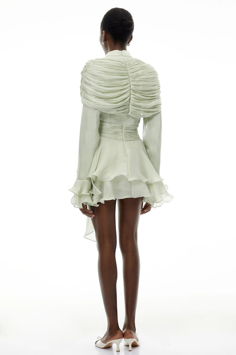 Ornella Mini Dress Sage Green Ruffled Ruched with Ribbon