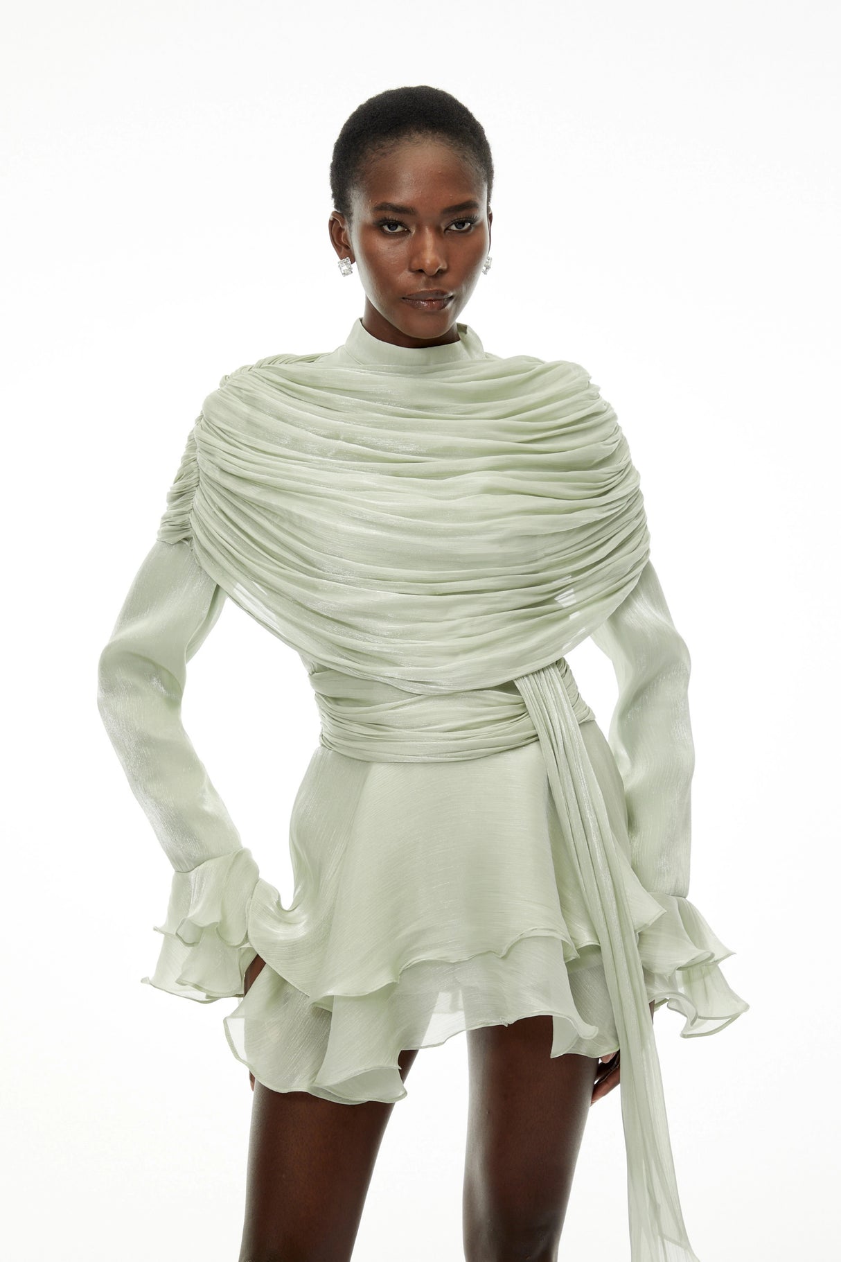 Samira Sage Green Ruffled Ruched Mini Dress with Ribbon
