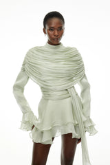 Samira Sage Green Ruffled Ruched Mini Dress with Ribbon