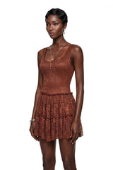 Sandrine Chocolate Brown Floral Lace Tiered Mini Dress