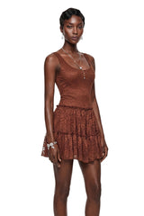 Sandrine Chocolate Brown Floral Lace Tiered Mini Dress