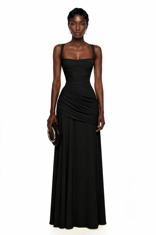 Sanne Black Square Neck Ruched Maxi Dress