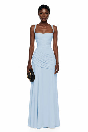 Sanne Blue Square Neck Ruched Maxi Dress