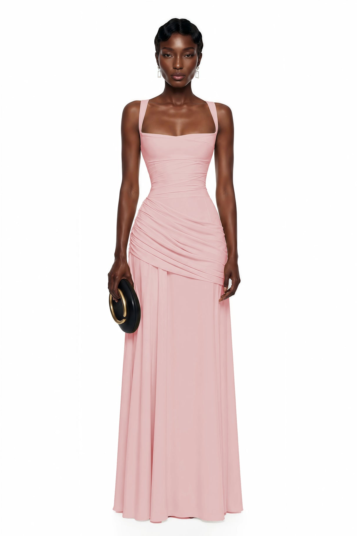 Sanne Pink Square Neck Ruched Maxi Dress