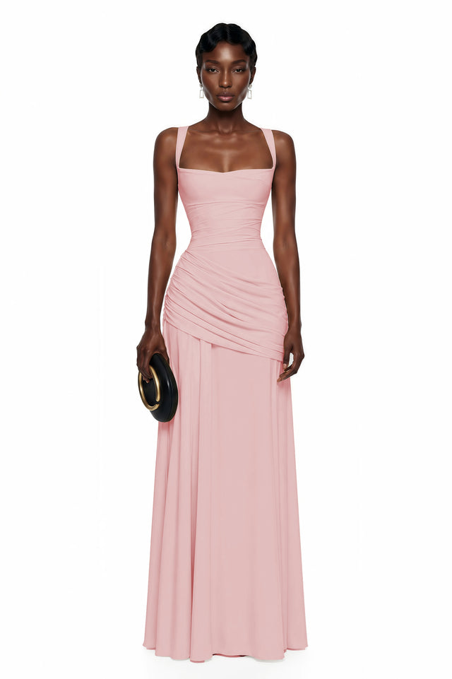 Sanne Pink Square Neck Ruched Maxi Dress