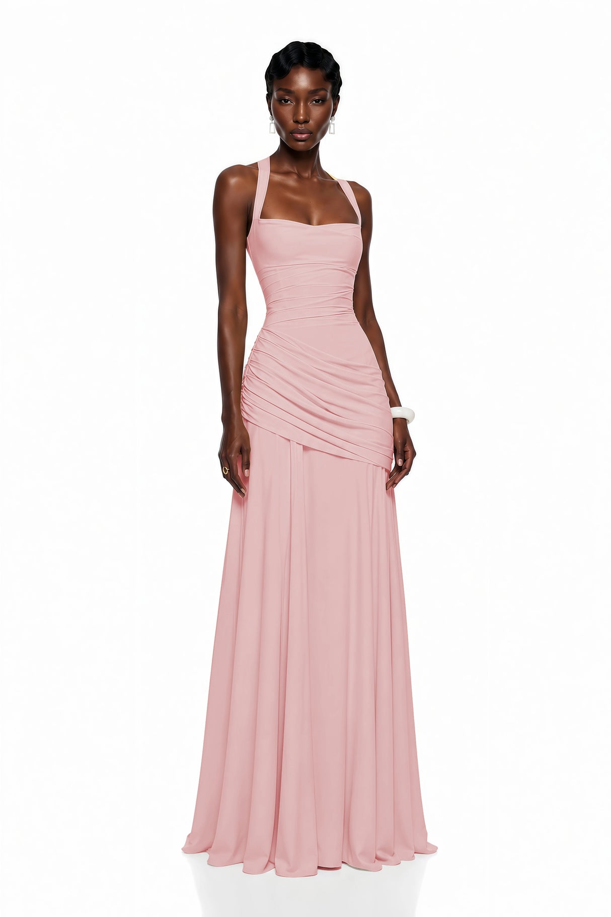 Sanne Pink Square Neck Ruched Maxi Dress