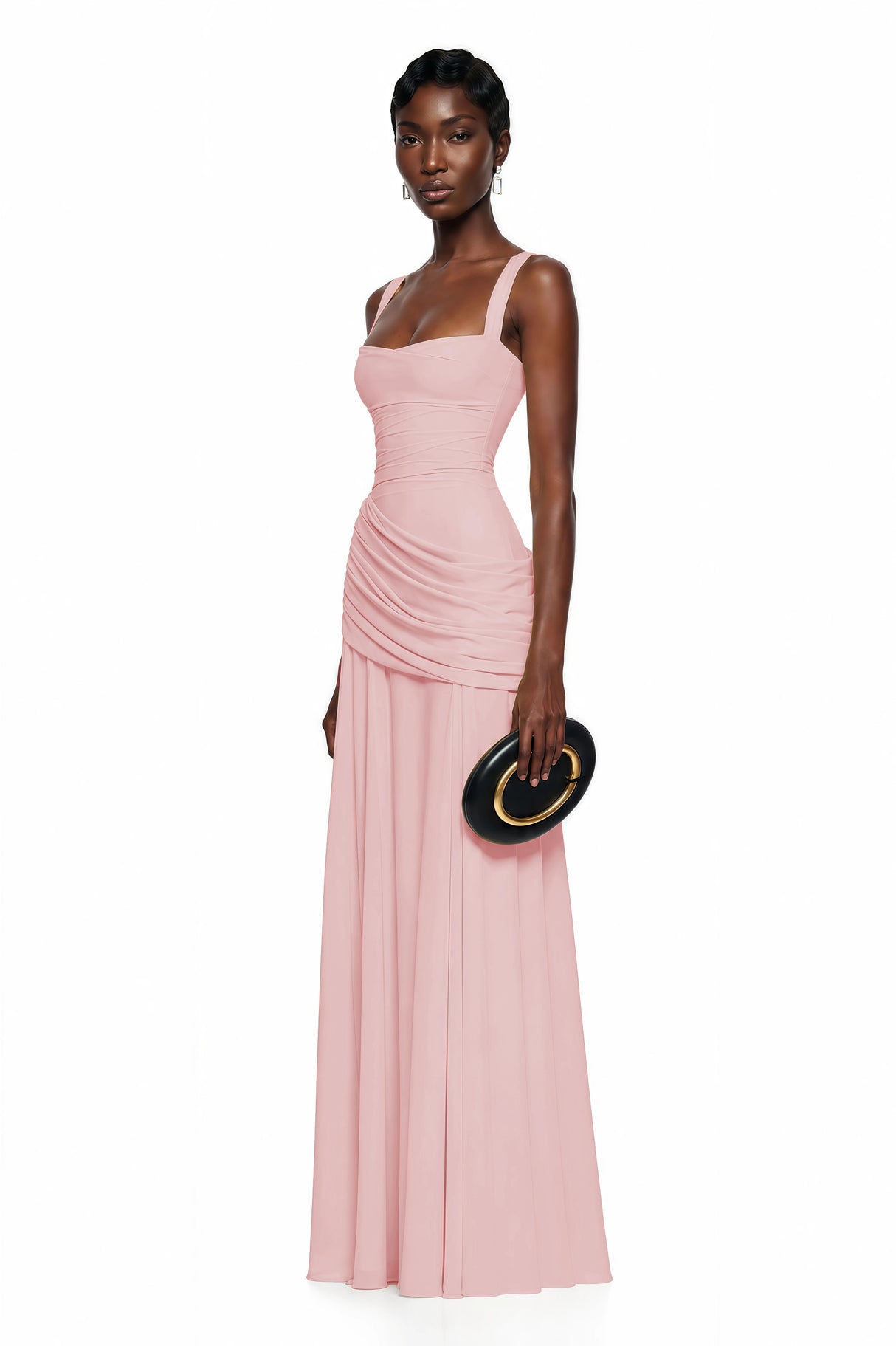 Sanne Pink Square Neck Ruched Maxi Dress