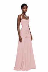 Sanne Pink Square Neck Ruched Maxi Dress